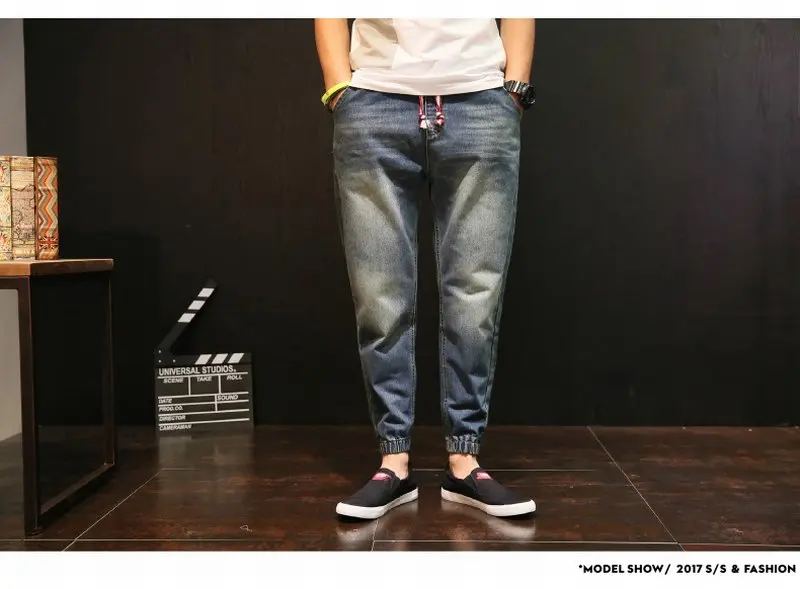 Tsingyi Denim Stretch Elastic Waist Jeans Men Blue Cargo Drawstring Harem Jeans Homme Cotton Plus Size Full Length Pants