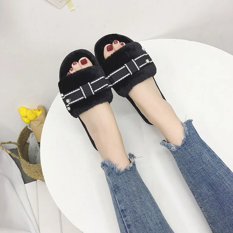 HEE GRAND Women 2019 Winter Indoor Slippers Causal Shoes Slip on with Bow-cot Pearl Warm Women's Mujer XWT1401 | Обувь