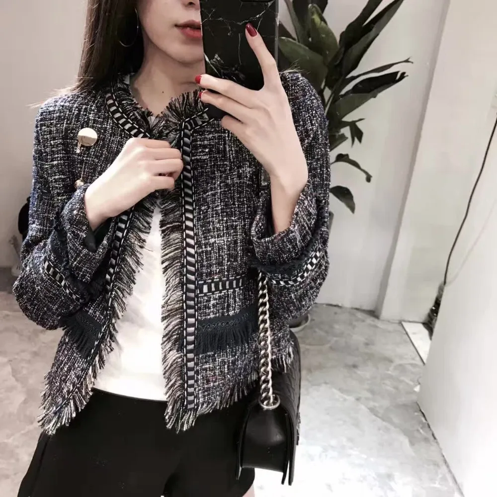 Высококачественная Женская твидовая шерстяная кисточка короткая куртка пальто