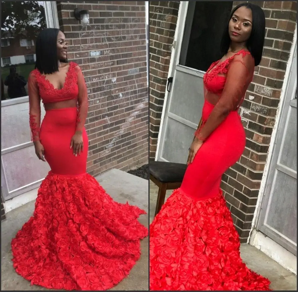 African Black Girls Red Mermaid Prom Dresses 2019 Sexy Sheer Waist Appliques Long Sleeve 3D Flowers Train Women Party Gowns | Свадьбы и