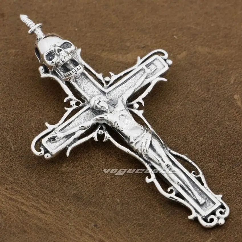 LINSION серебряная подвеска Иисус Распятие Крест Меч череп Мужчины Байкер рок панк