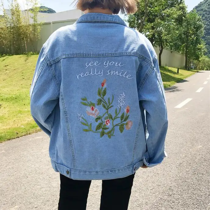 Женская джинсовая куртка с вышивкой свободная в Корейском стиле весна 2018|loose denim