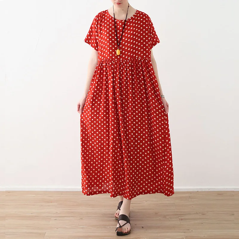 

2018 Summer Women Shor Sleeve Print Dot Dress Cotton Long dress Vintage Lady Loose Beach Breath Dresses