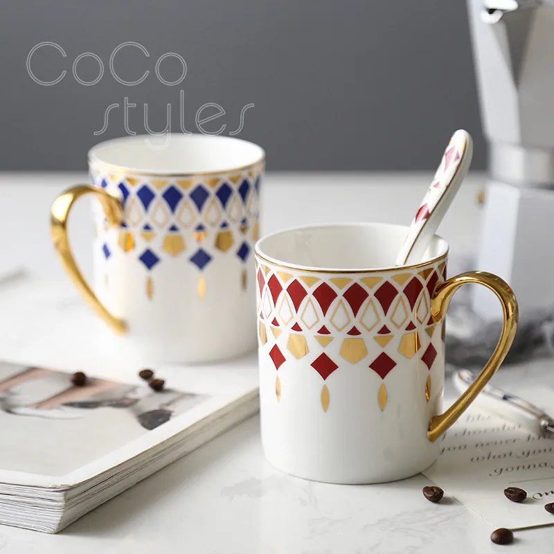 Cocostyles InsFashion creative coffee ceramic mugs with gold handle and pattern for woman gift sets | Mugs