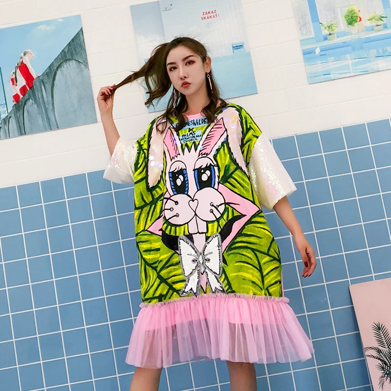 Oversize платья летние женские рисунком кролика Луки блестки с длинным рукавом
