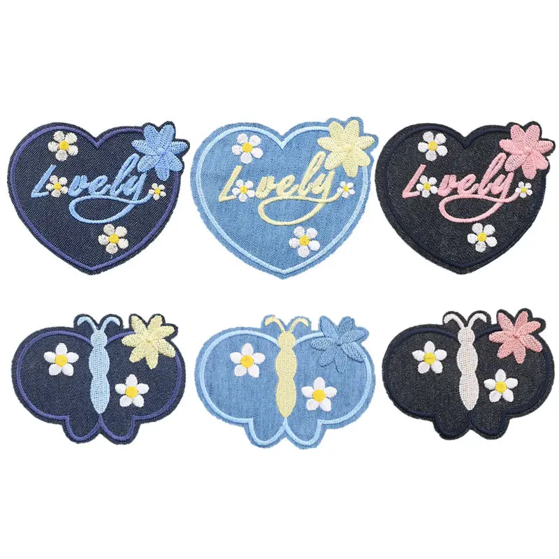 3 вида цветов вышитые джинсовые нашивки с утюгом на нашивках милые сердца бабочки