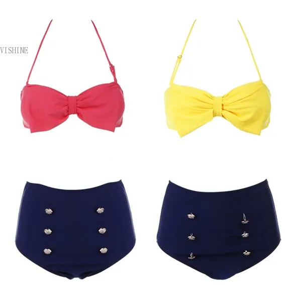2015 Summer Beach Bikini high waisted Sleeveless Halter Set Push Up Swimwear Yellow/Watermelon Red 18 |