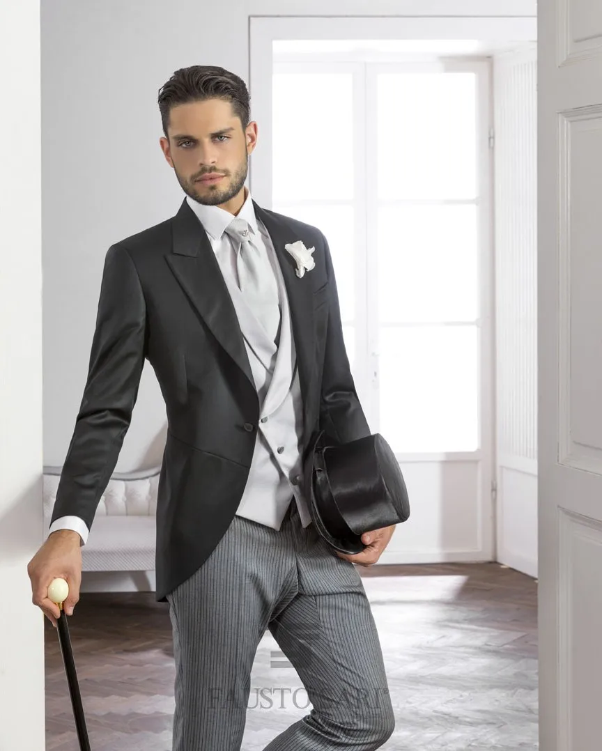 

Latest Coat Pant Design Black Grey Morning Men Suit Prom Tuxedo Slim Fit 3 Piece Groom Gentle Suit Custom Blazer Terno Masculino