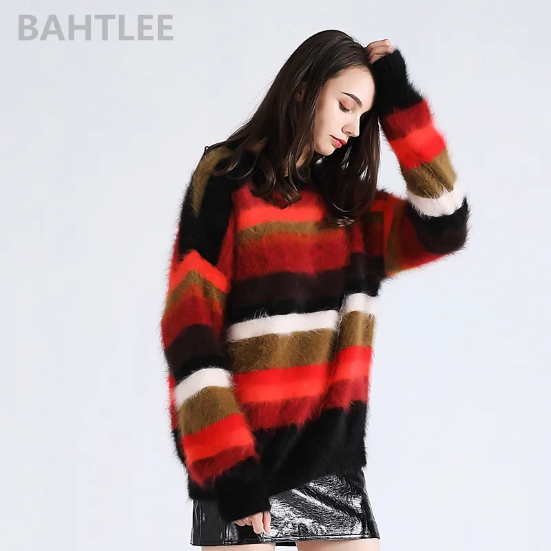 BAHTLEE Autumn Winter Women's Angora Rabbit Pullovers Knitting Sweater O-NECK Keep Warm Loosefir Rainbow | Женская одежда