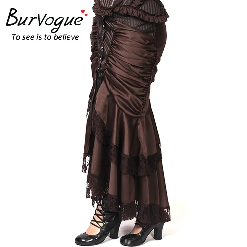 Burvogue Женская коричневая Готическая стимпанк длинная юбка макси викторианская