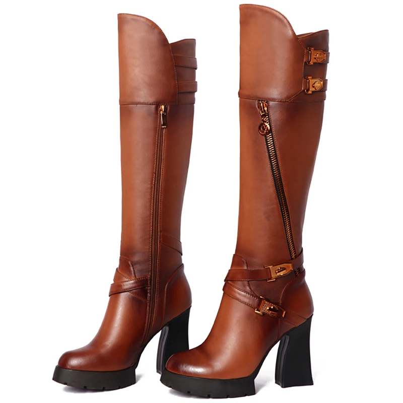 Женские ботинки из натуральной кожи на толстом высоком каблуке сезон осень зима