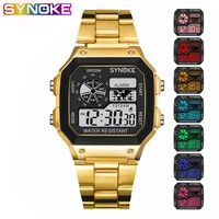 synoke digital watch student men colorful luminous led stainless steel multi function fashion gold silver electronic watch