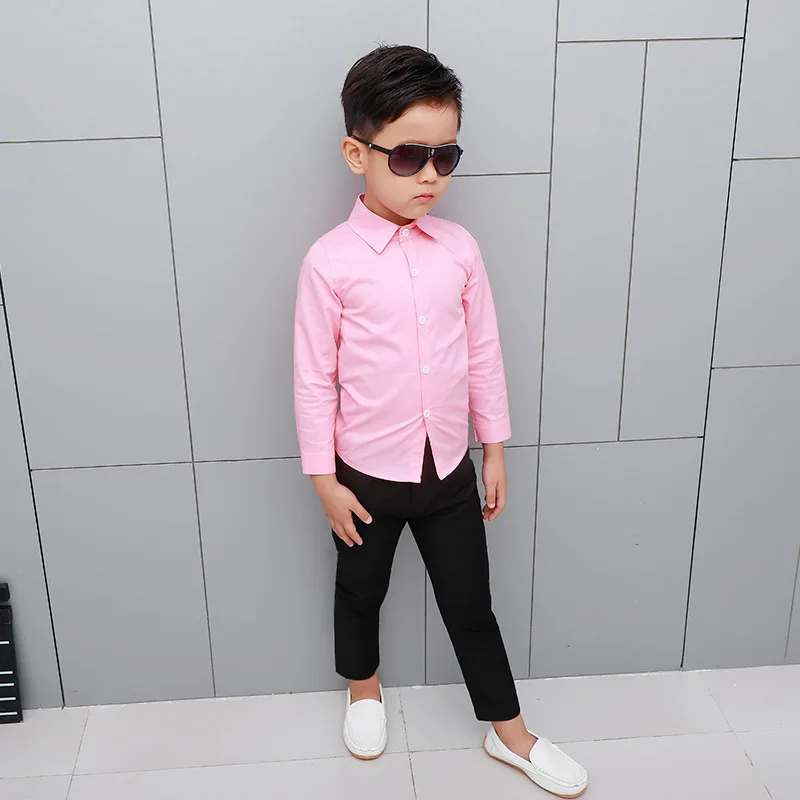 

New 2018 Boys Solid Casual Shirts Kids Cotton Long Sleeve Shirts Boys Spring Pink Wedding Shirts Children Formal Dress Shirts