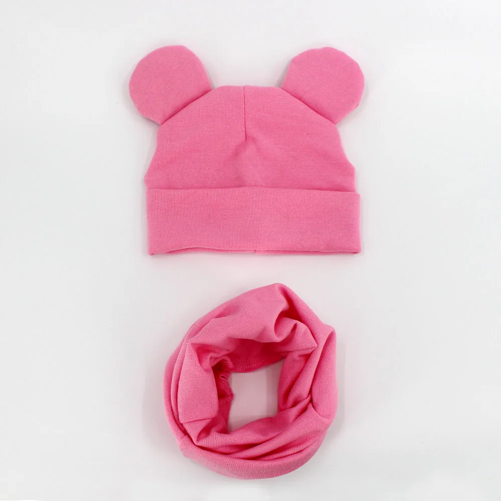 dark pink Новая весенне-осенняя хлопковая детская шапка с мягкими ушками для мальчиков и девочек набор из шапки и шарфа зимняя детская Милая шапочка Детские вязаные головные уборы наборы - Цвет: dark pink