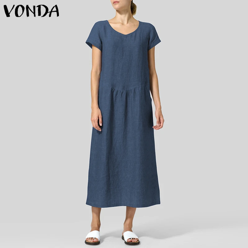 Новинка, летнее женское платье VONDA, повседневное, свободное, винтажное, однотонное, до середины икры, длинное платье, сексуальное, v-образный вырез, короткий рукав, размера плюс, Vestidos