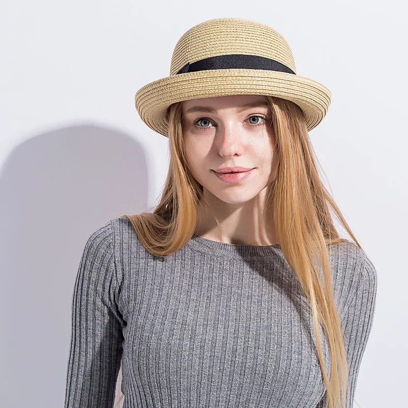 Женская соломенная шляпа с круглым плоским верхом летняя для женщин Snapback