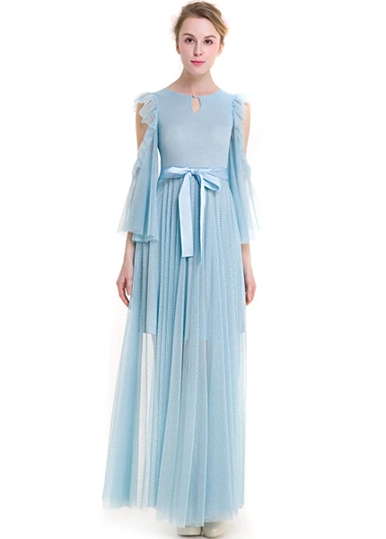 Новое дизайнерское длинное кружевное платье с расклешенными рукавами Сетчатое