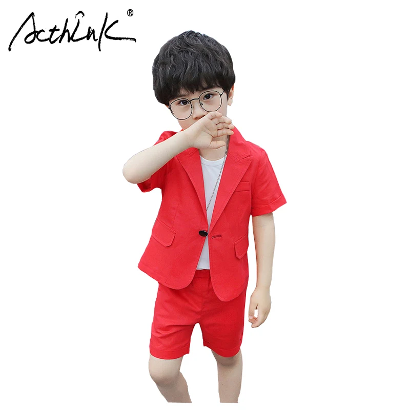 ActhInK 2019 New 2Pcs Boys Solid Suit Summer Linen Blazer Baby Wedding Cotton Clothing Set | Детская одежда и обувь