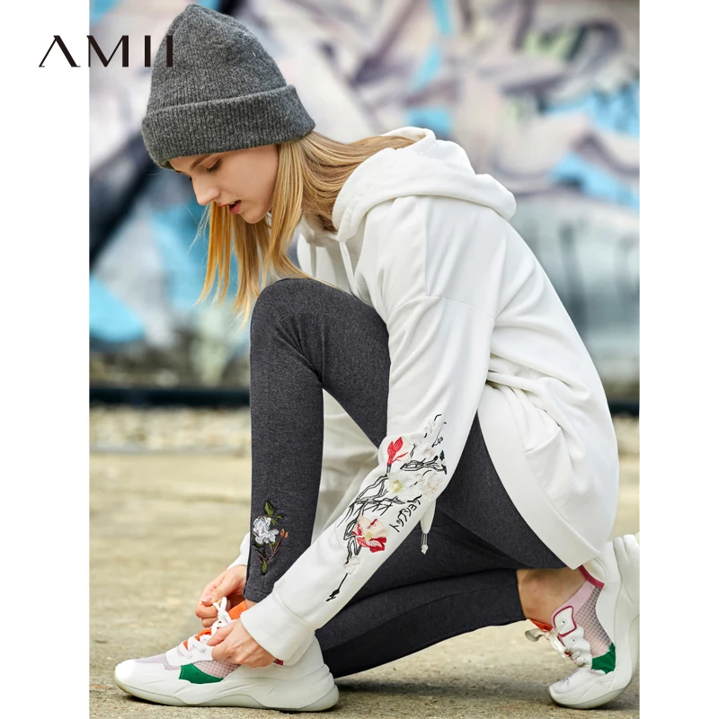 Amii винтажные Женские легинсы с цветами с вышивкой, весна, повседневные однотонные облегающие Женские штаны с эластичной резинкой на талии