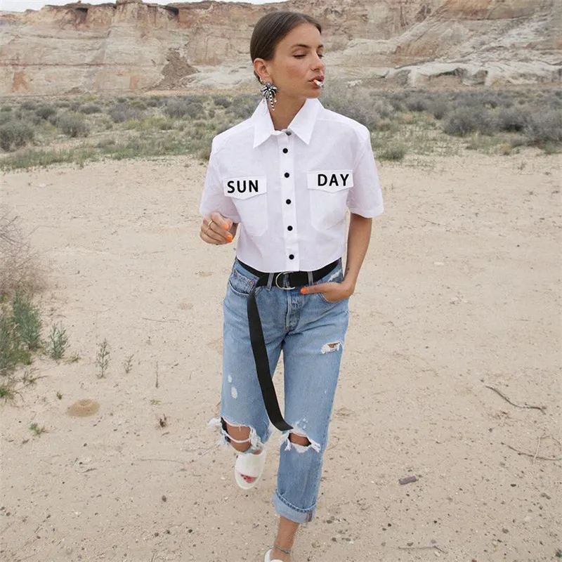 Streetwear Sunday Letter Printed Blouse Women Summer Chic Girl's Short Sleeve Buttons Pockets Shirts Party 2019 | Женская одежда