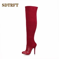 sdtrft stilettos 12cm thin heels martin over the knee high boots flock shoes woman crossdresser springautumn pumps plus42 43