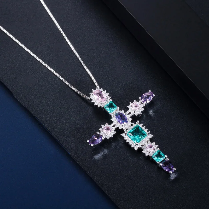 White Gold Pera Мода красочные фиолетовый зеленый фианит черный золотой большой крест цепи женские ожерелья и кулоны CZ Ювелирные изделия Аксессуары P002 - Окраска металла: White Gold