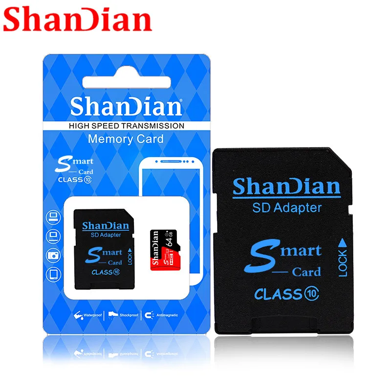 Shandian Высокое качество Micro SD карта 4 ГБ 8 ГБ 16 ГБ 32 ГБ 64 Гб карта памяти TF карта Бесплатный SD адаптер Розничная упаковка