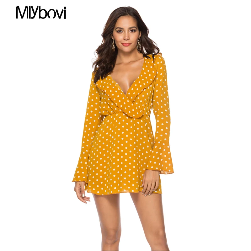 Желтое платье трапеция в горошек женские модные повседневные весенние офисные