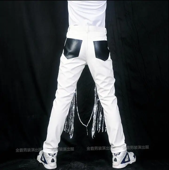 

Nightclub Men Singers Costume DJ Bar Fashion Tide Sequins Trousers Black and White Splice Leather Pants Stage Clothing S-5XL