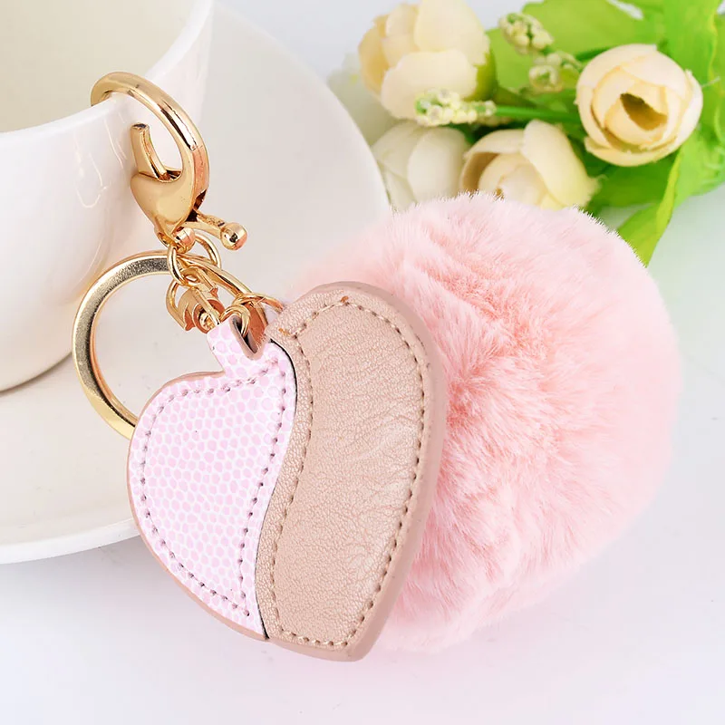 Fur Ball Key Chain Rings Pendant Cute Pompom Heart Shape Keychain Women Car Bag Ring | Chains