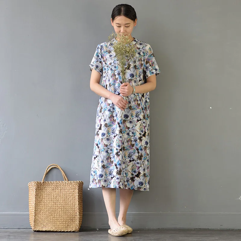 Женское льняное платье трапеция с коротким рукавом и цветочным принтом|linen dress|linen