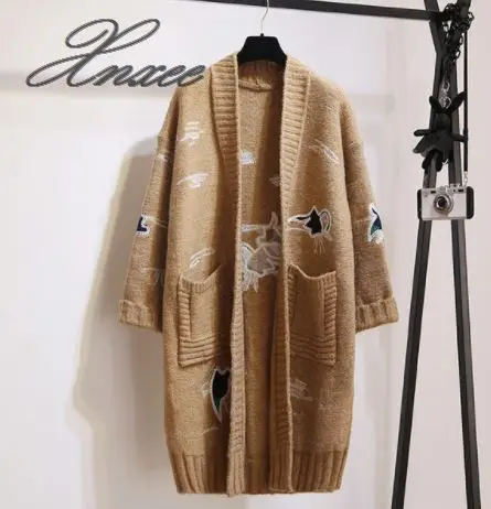 Xnxee осень и зима новый длинный свитер кардиган Женская куртка Корейская вышивка