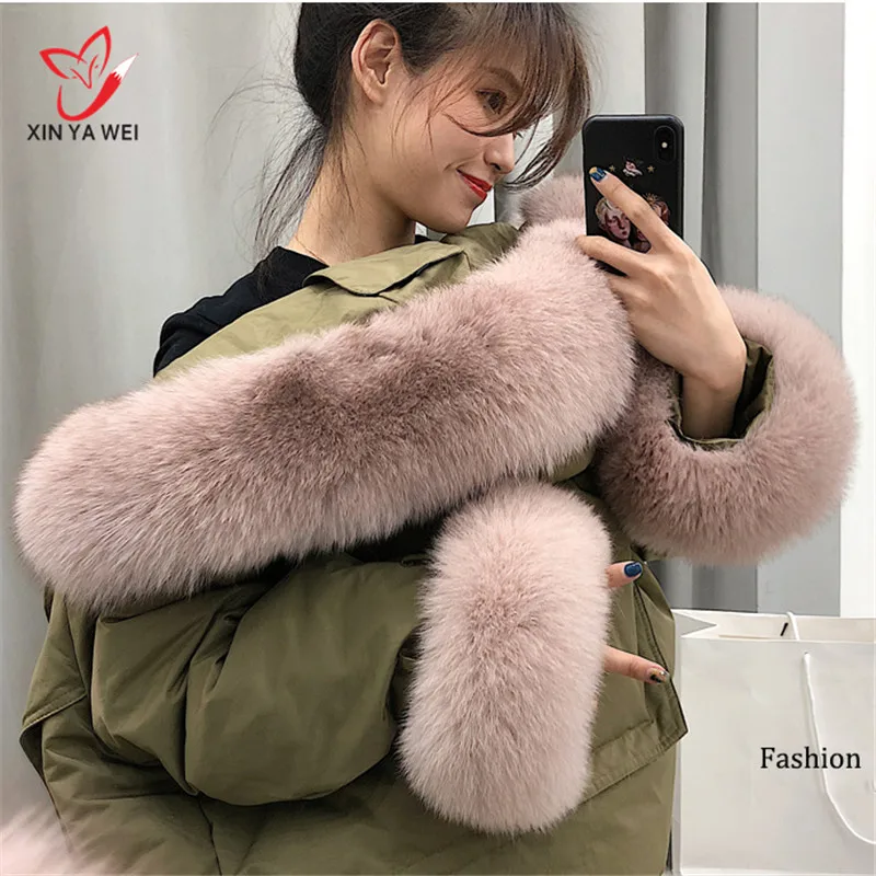Leather Pink Натуральный Лисий мех воротник манжеты Большие размеры натуральный Лисий Мех Сапоги рукава с манжетами для женщин Зимнее Пальто пуховое пальто - Цвет: Leather Pink