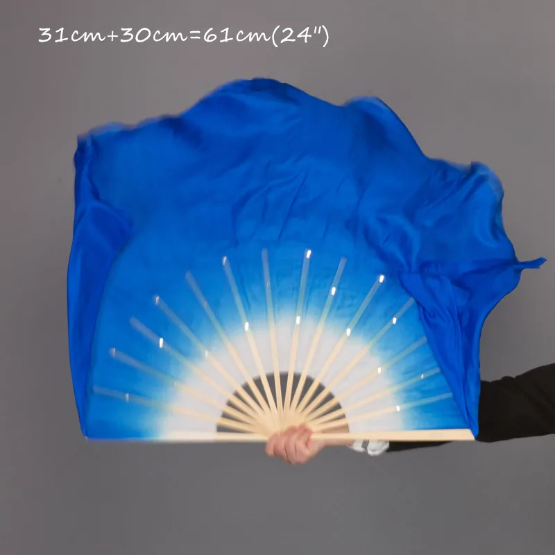61cm(31 30cm) Королевский синий белый градиент Танец Живота Шелковые Вуали 1 пара короткие бамбуковые складные веер Yangge танец 51 см-86 см длина - Цвет: 61cm(31 30cm)