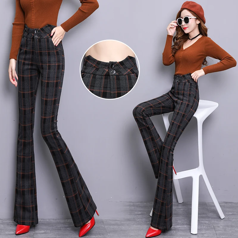 

New bell bottom temperament high waist woolen lattice micro bell pants elastic casual thickening women's trousers