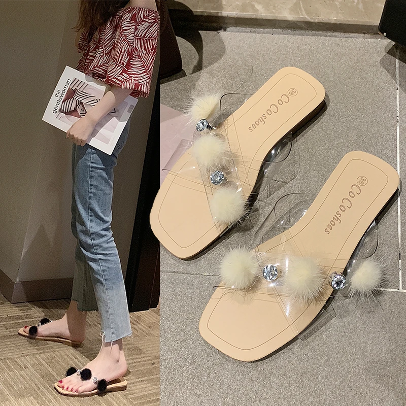 Женские шлепанцы на низком каблуке с прозрачным мехом со стразами Повседневная