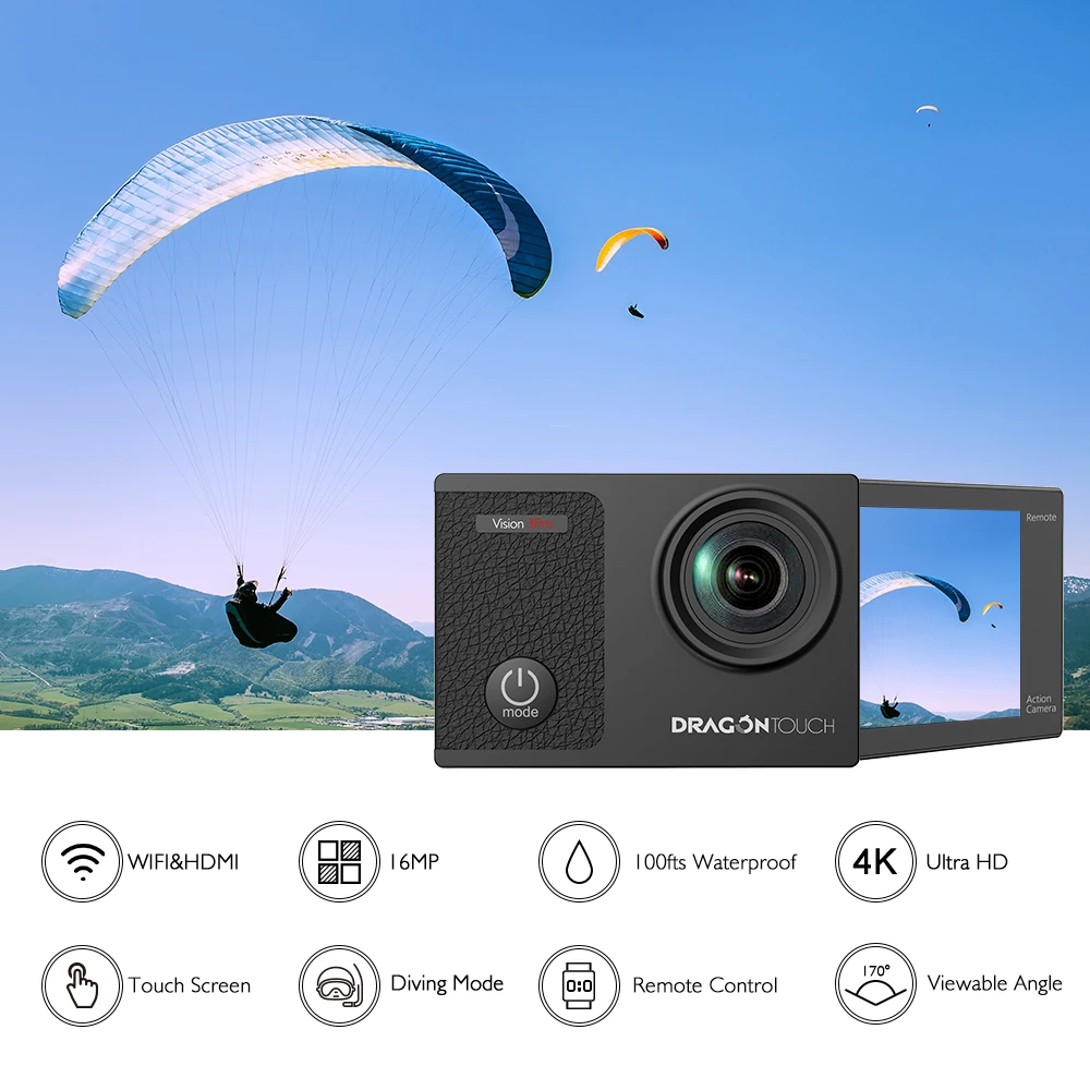 Экшн камера Dragon Touch 4K 16MP Vision 3 Pro с сенсорным экраном Wi Fi водонепроницаемая 100 футов