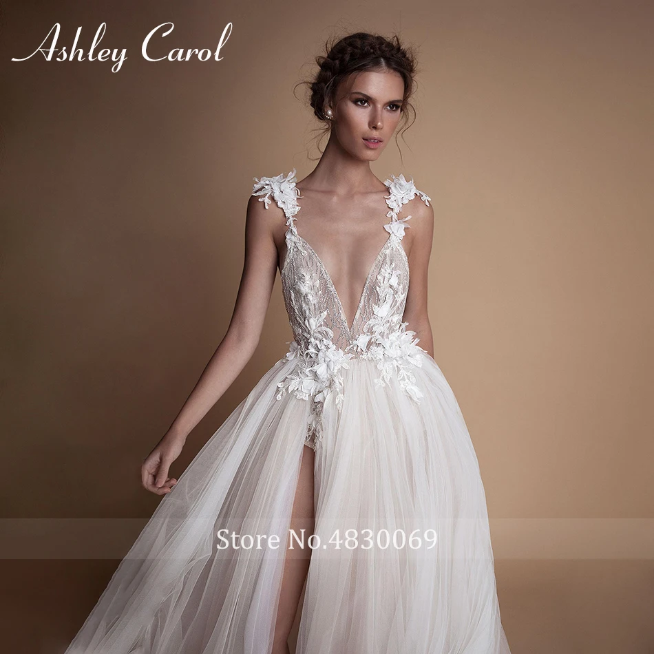 Пляжное свадебное платье Ashley Carol 2022 на тонких бретелях с открытой спиной цветами