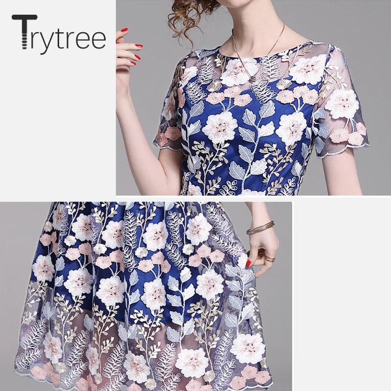 Trytree 2019 летнее повседневное Цветочное платье с вышивкой и О-образным вырезом из