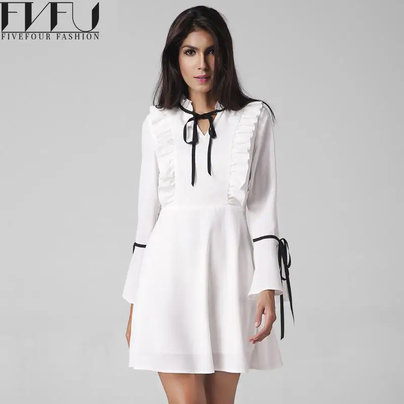 Мода 2017 Демисезонный платье Для женщин Винтаж воланами белое Высокая Талия