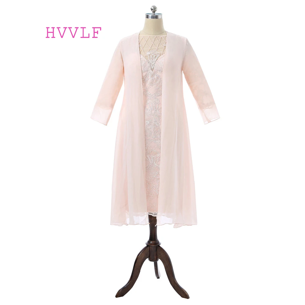

Peach Mother Of The Bride Dresses Sheath Knee Length With Jacket Lace Pearls Groom Formal Short Mother Dresses For Wedding