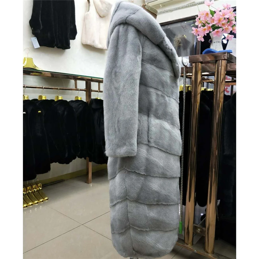 Норки натуральный мех длинные, новые модные женские туфли весь пальто с капюшоном осень-зима Регулярные популярных сапфир норки Меховая куртка пальто