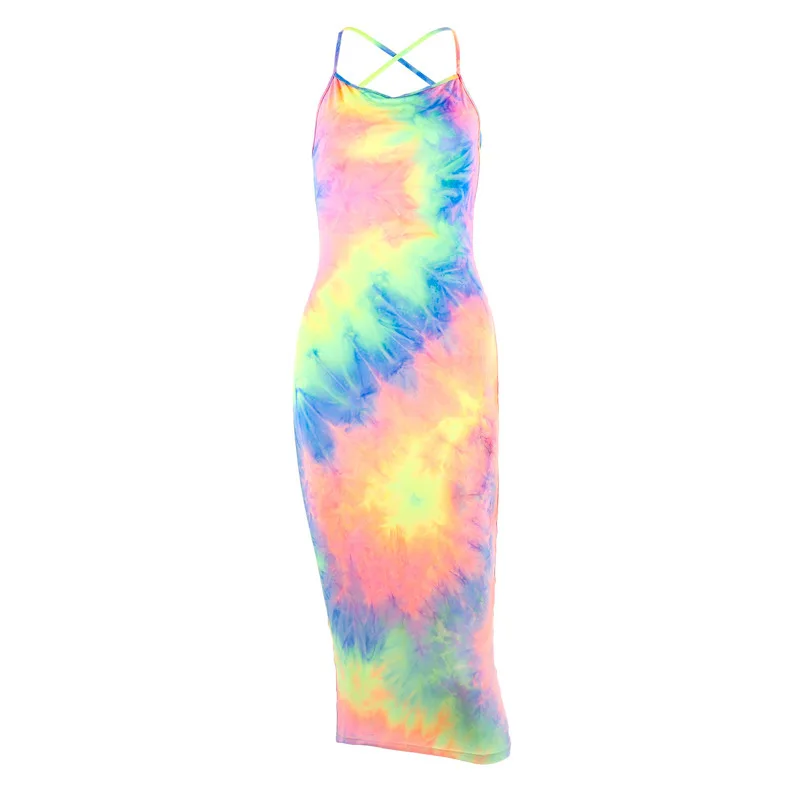 Сексуальное платье с радужным принтом Tye Dye летнее облегающее миди открытой