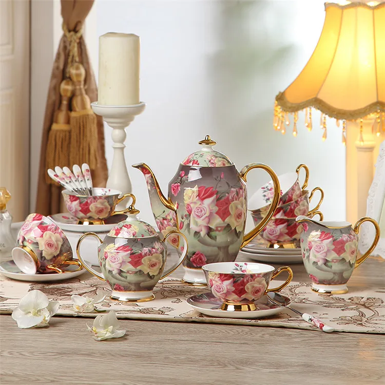 Full Set Европейский Винтажный кофейный сервиз из костяного фарфора, британский фарфоровый чайный сервиз, керамический чайник, сливочник, сахарница, чайный заварник, кофейная чашка, кружка - Цвет: Full Set