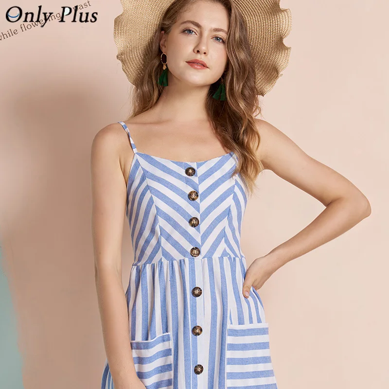 Женское платье с высокой талией Only Plus Элегантное синее в полоску карманами и