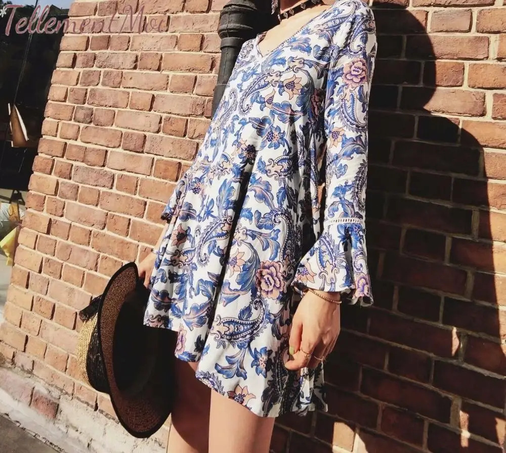Boho Lace Dress Women's Floral Print Flowy Dresses V Neck Flare Sleeve Female Holiday Beach Summer Casual Short Mini |