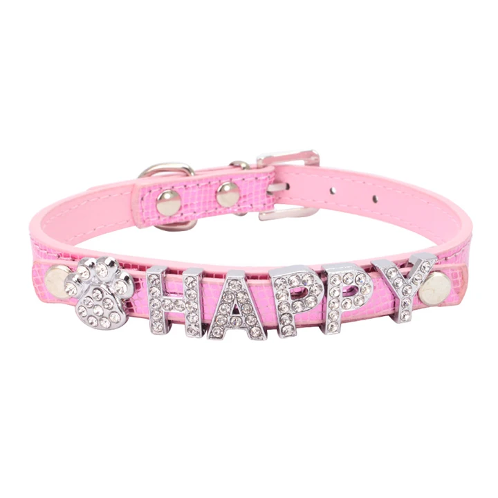 Pink Индивидуальный ошейник для собак, шикарные хрустальные стразы, роскошные клетчатые кожаные аксессуары для питомцев, персонализированное ожерелье для щенков и кошек - Цвет: Pink