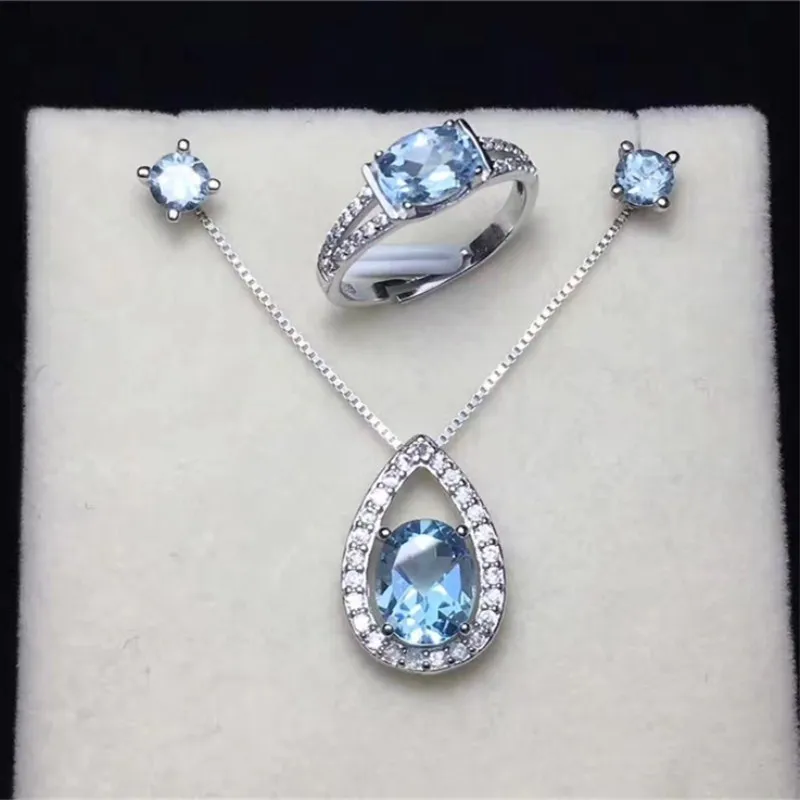 Природный камень Fine Jewelry наборы для Для женщин 925 Серебряное кольцо серьги колье подвески голубой топаз овал 3 шт. комплект CCS004-1