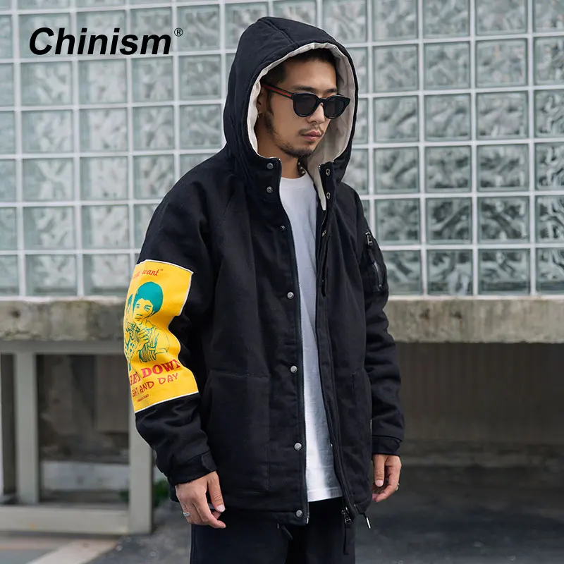 CHINISM 2018 зимние Лоскутные парки с капюшоном и принтом сбоку мужские свободные
