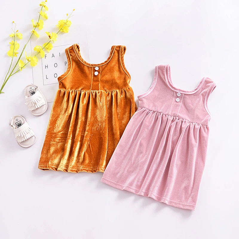 sleeveless romper baby Solid ruched girls vest dress buttons fashion breathable toddler party frocks soft cotton summer | Детская одежда